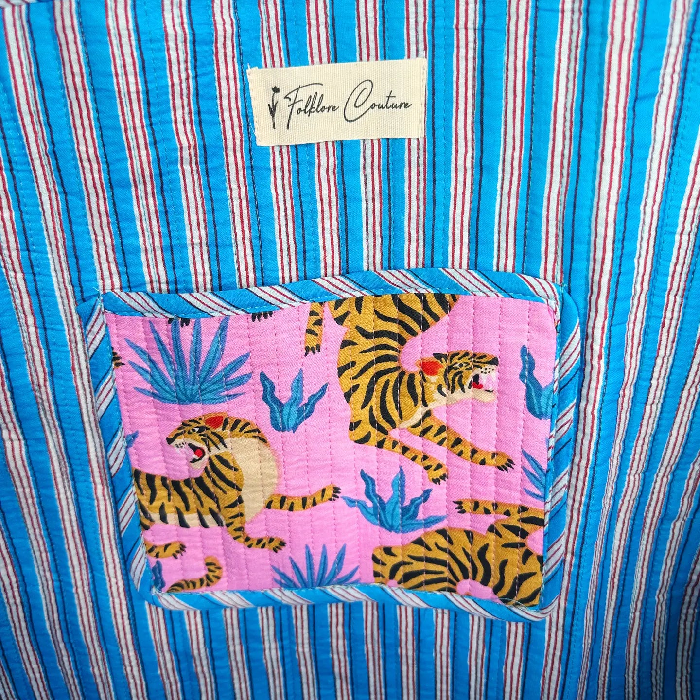 Quilted Tote Bag | Blue & Pink Tiger