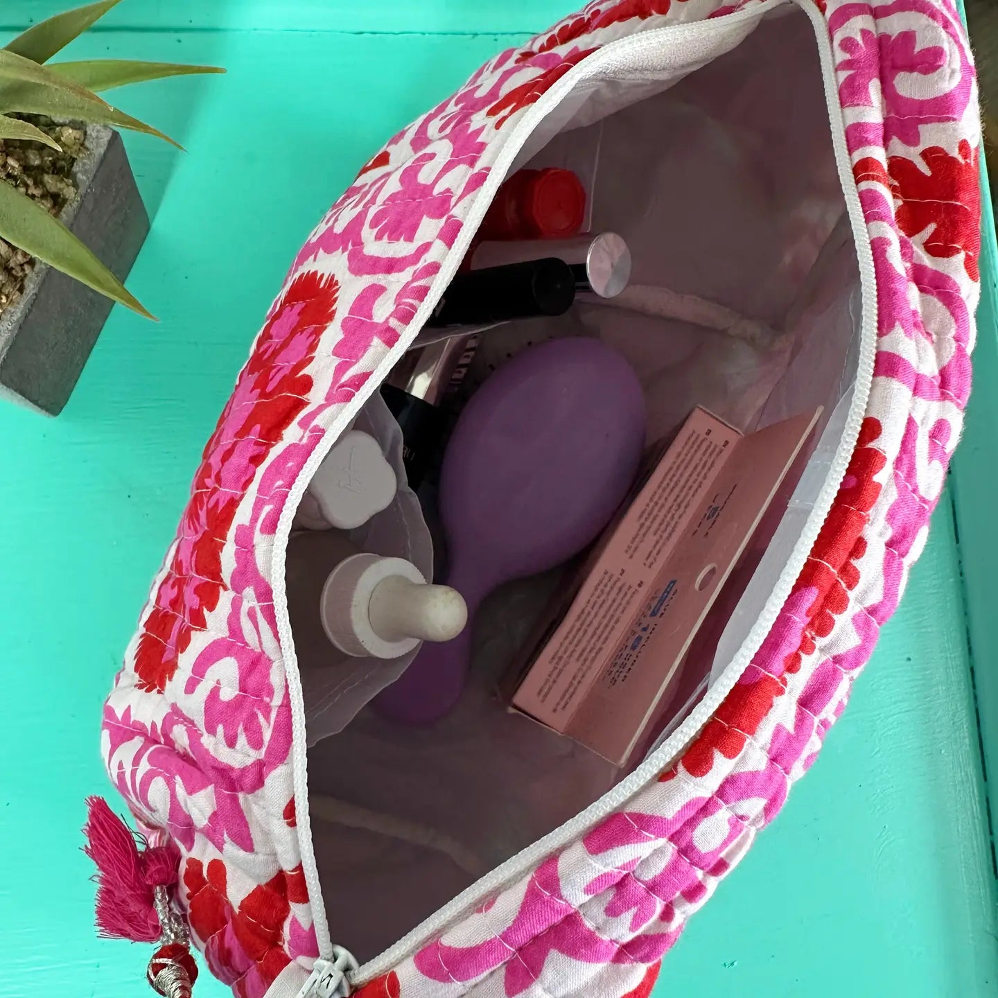 Pink Patchwork Quilted Makeup Bag