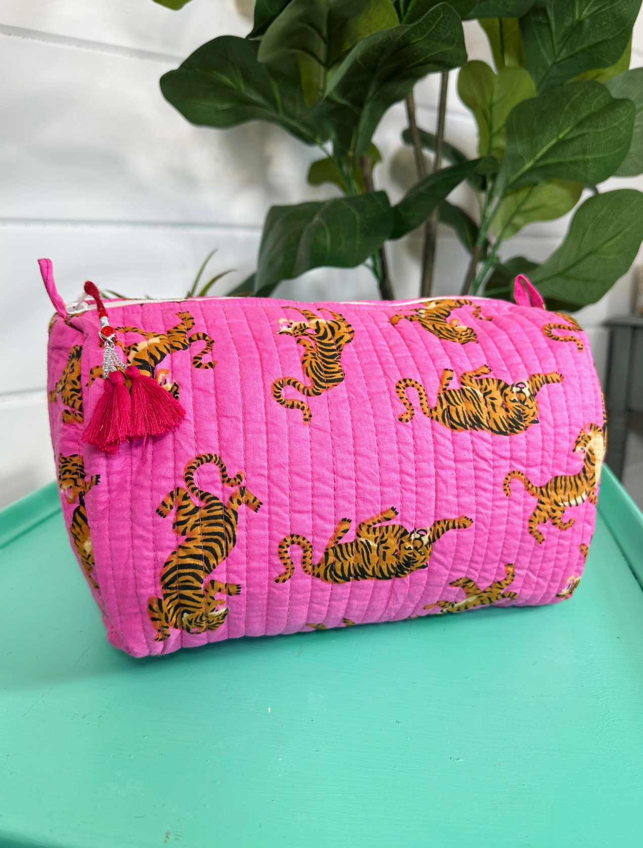 Bright Pink Tiger Quilted Makeup Bag