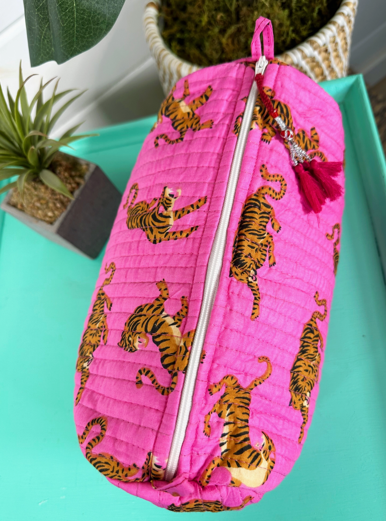 Bright Pink Tiger Quilted Makeup Bag