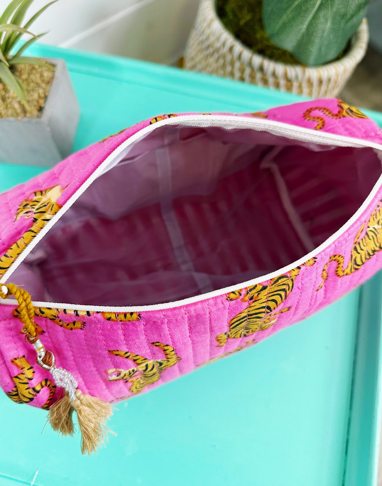 Bright Pink Tiger Quilted Makeup Bag
