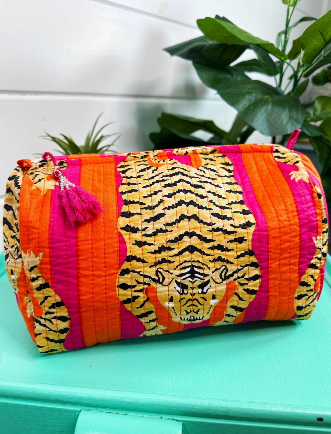 Orange & Pink Stripes Tiger Print Quilted Makeup Bag