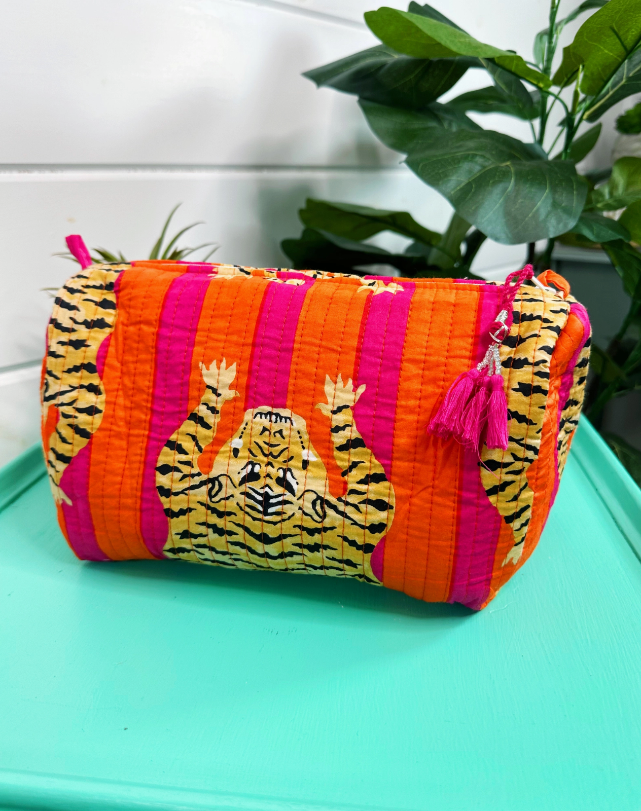 Orange & Pink Stripes Tiger Print Quilted Makeup Bag