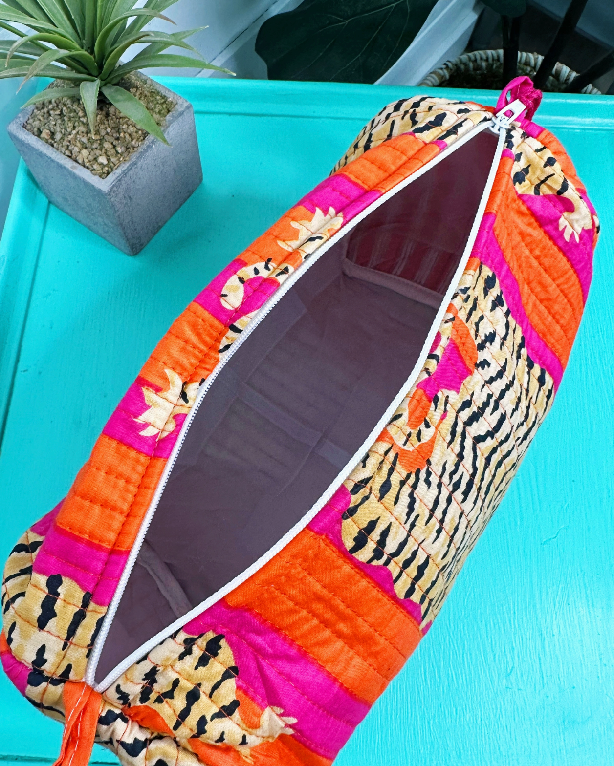 Orange & Pink Stripes Tiger Print Quilted Makeup Bag