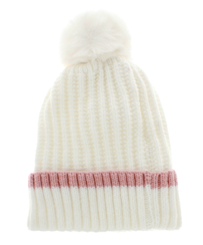 Pom Pom Beanie - White/Pink