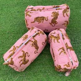 Light Pink Quilted Tiger Toiletry Bag