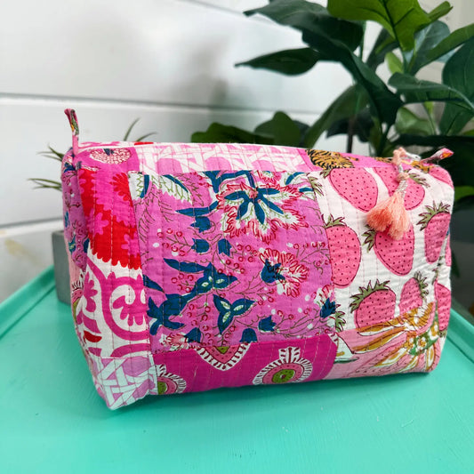 Pink Patchwork Quilted Makeup Bag