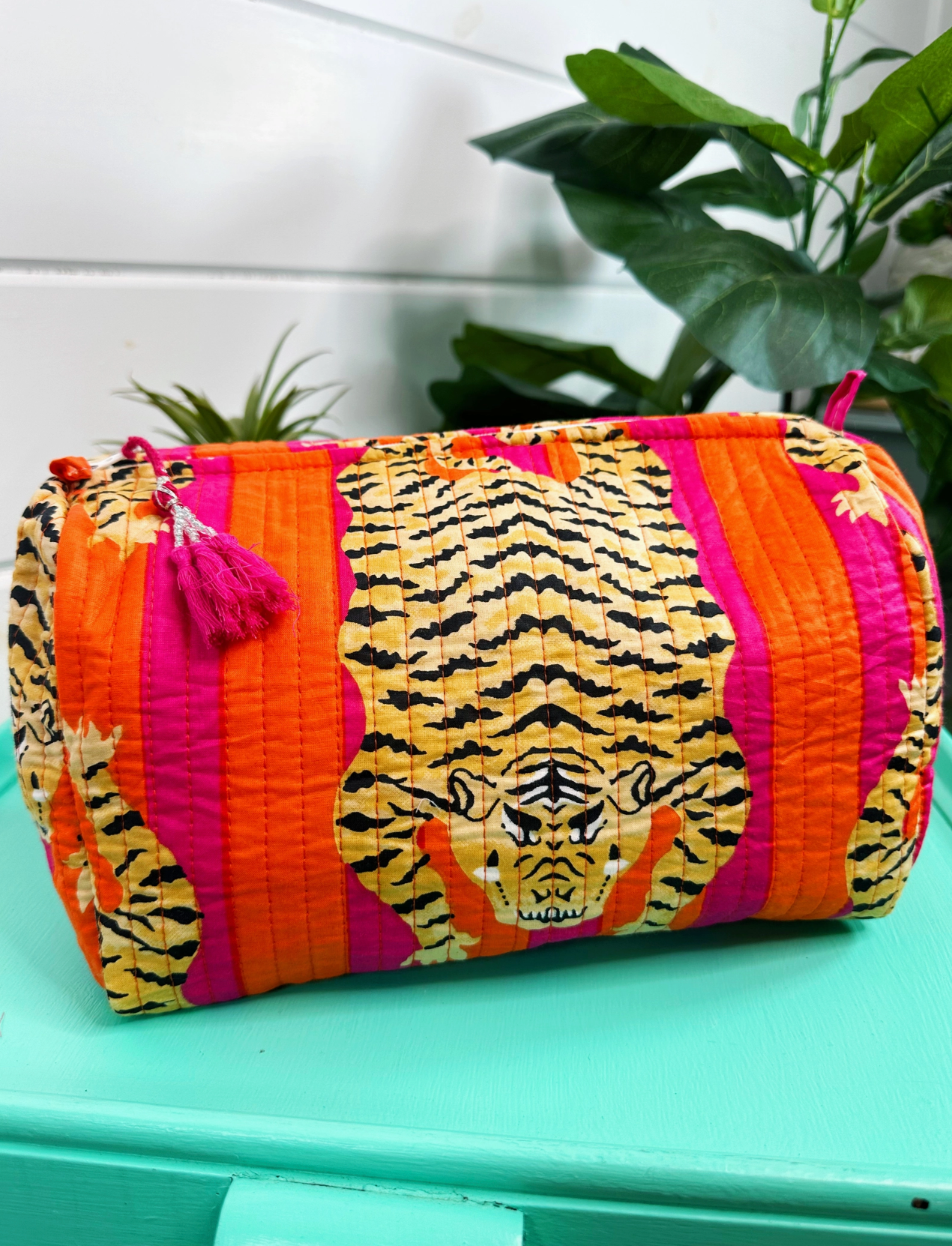 Orange and Pink Stripes Tiger Print Quilted Makeup Bag