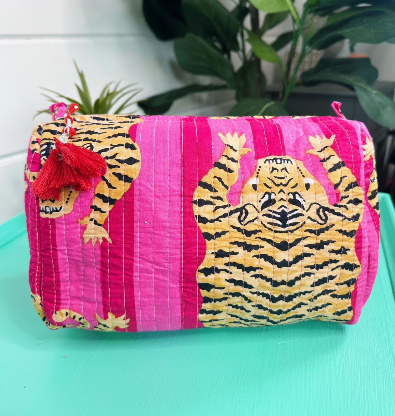 Pink Stripes Tiger Quilted Makeup Bag