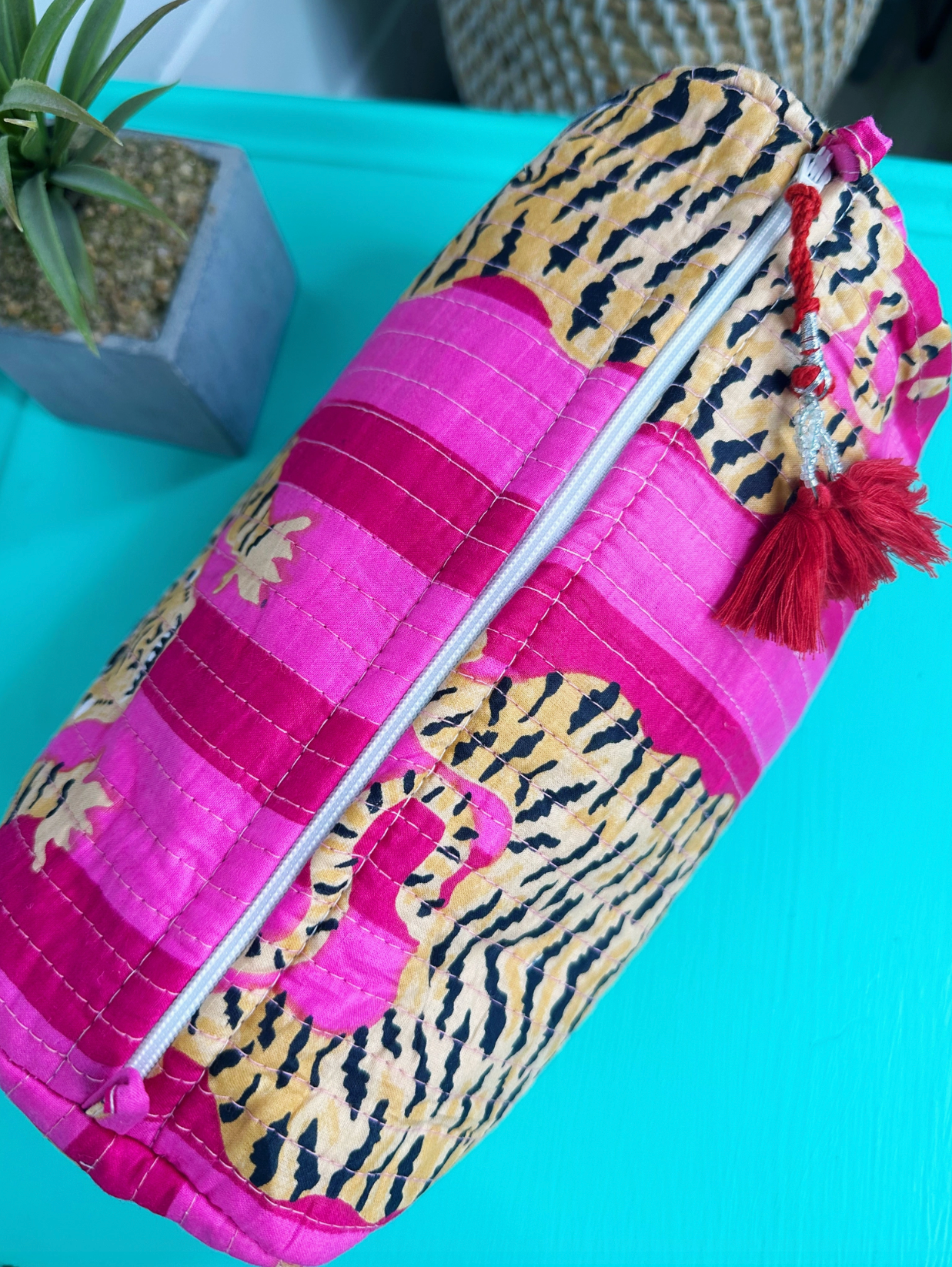 Pink Stripes Tiger Quilted Makeup Bag