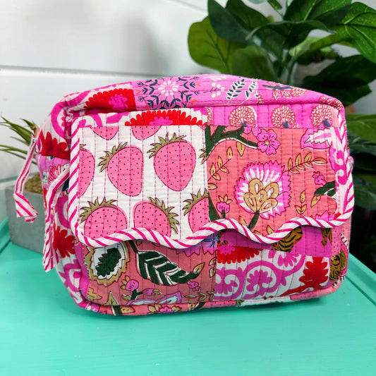 Ruffled Pink Patchwork Makeup Bag